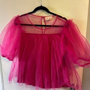 Anthropologie Hot Pink Sheer Tulle Puff Sleeve Blouse